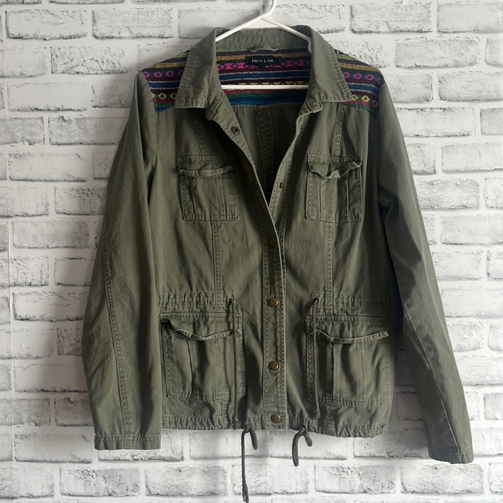 New Look Olive Green Utility Jacket with Aztec Print